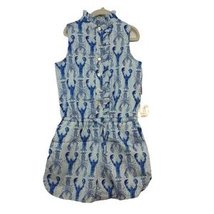 NWT Classic Prep Girls 6 Lobster Print Romper Blue Gingham Ruffle Dixie Nautical
